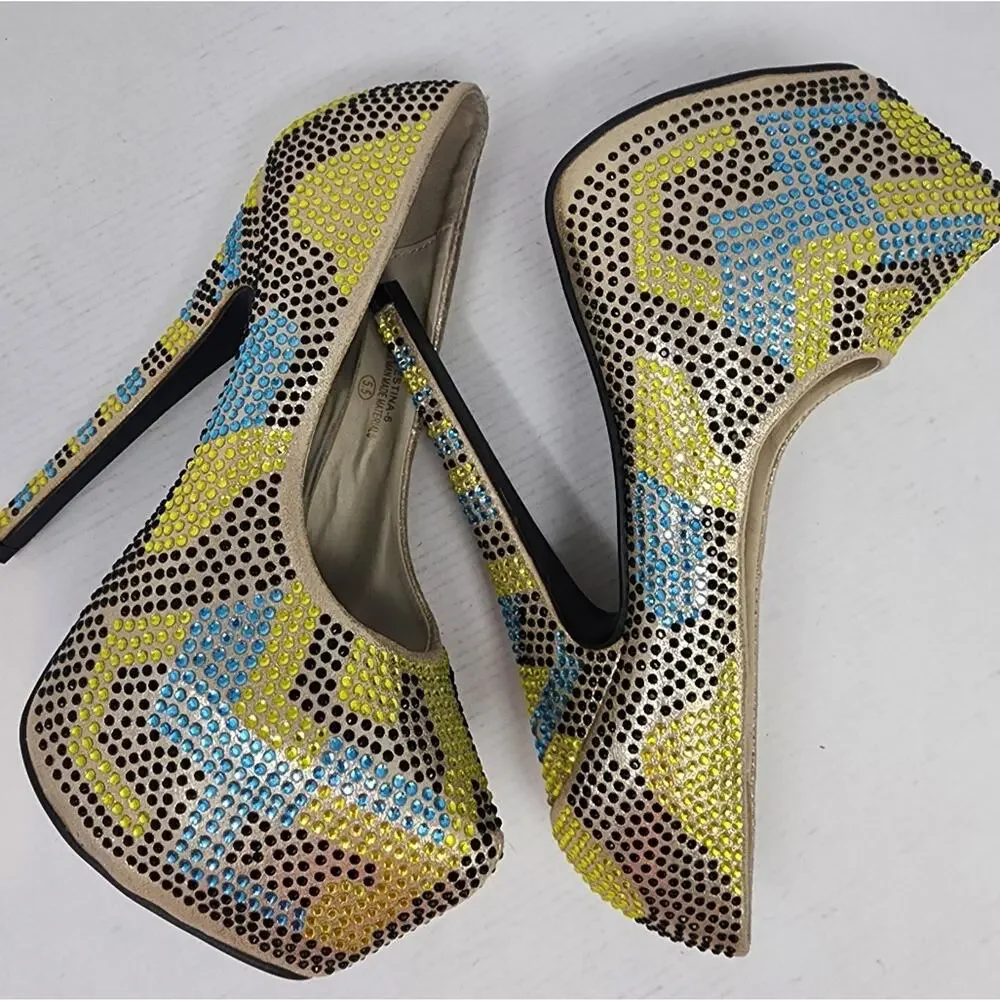 Machi Estina Rhinestine Stilettos Platform Heels Yellow‎ Black Blue Party Sz 5.5